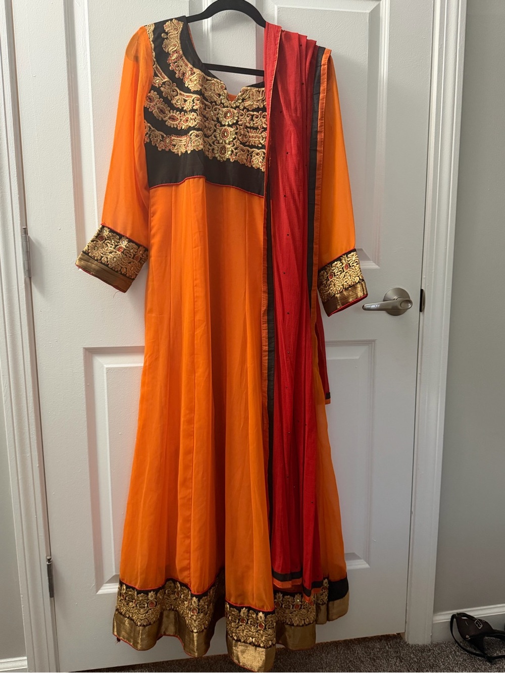Embroidered Orange & Red Indian Anarkali Dress with Gold Detail
